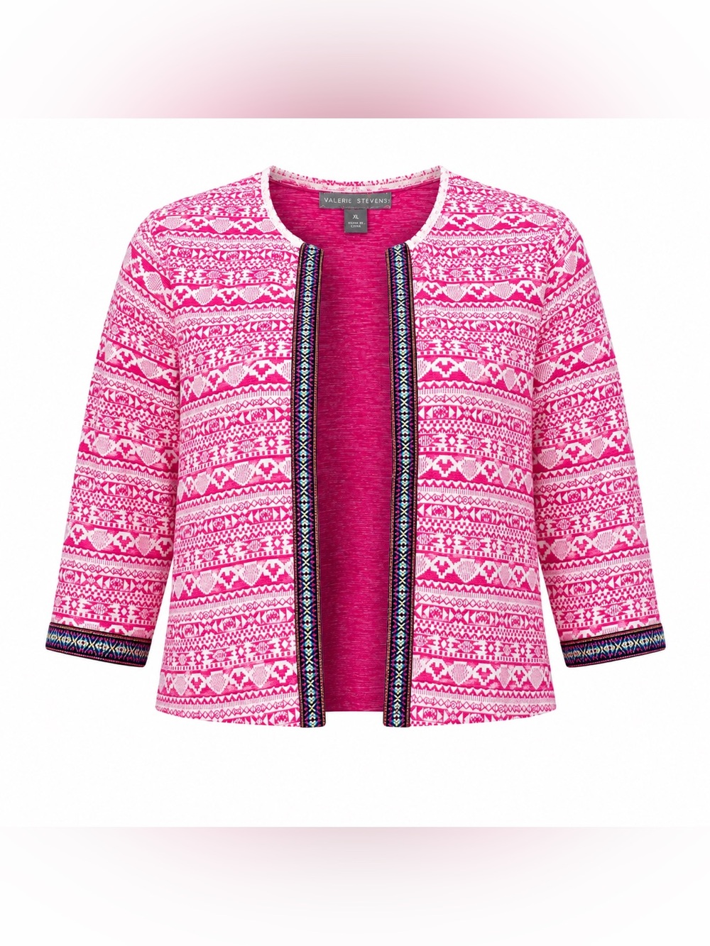 Valerie Stevens Pink and White Patterned Open-Front Cardigan